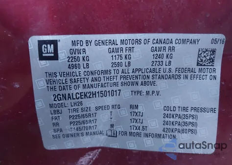 2017 Chevrolet Equinox Lt z USA, uszkodzony, nr VIN 2GNALCEK2H1501017